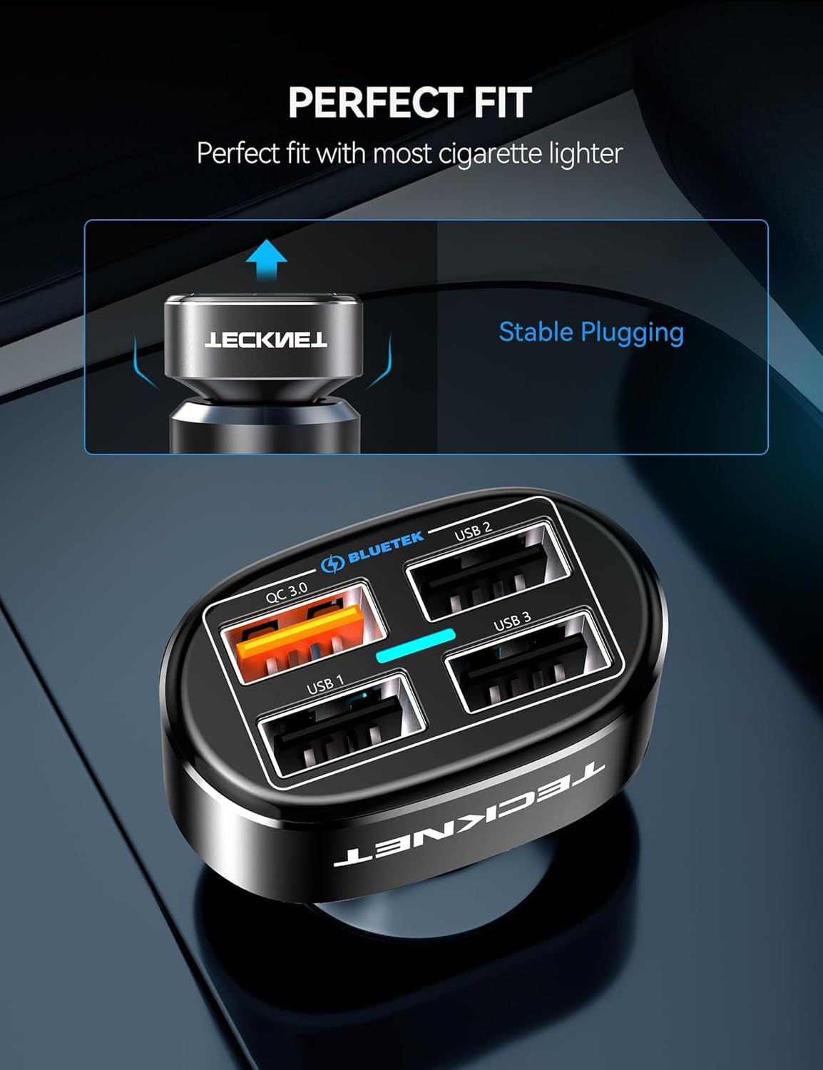 USB Car Charger, 54W 4-Port Car USB Charger Multi Port Adapter, QC 3.0 Port Cigarette Lighter Charger, Fast Charging Adapter, Compatible with Iphone 15 Pro Max/15 Plus/15/14/13(Dark Black)
