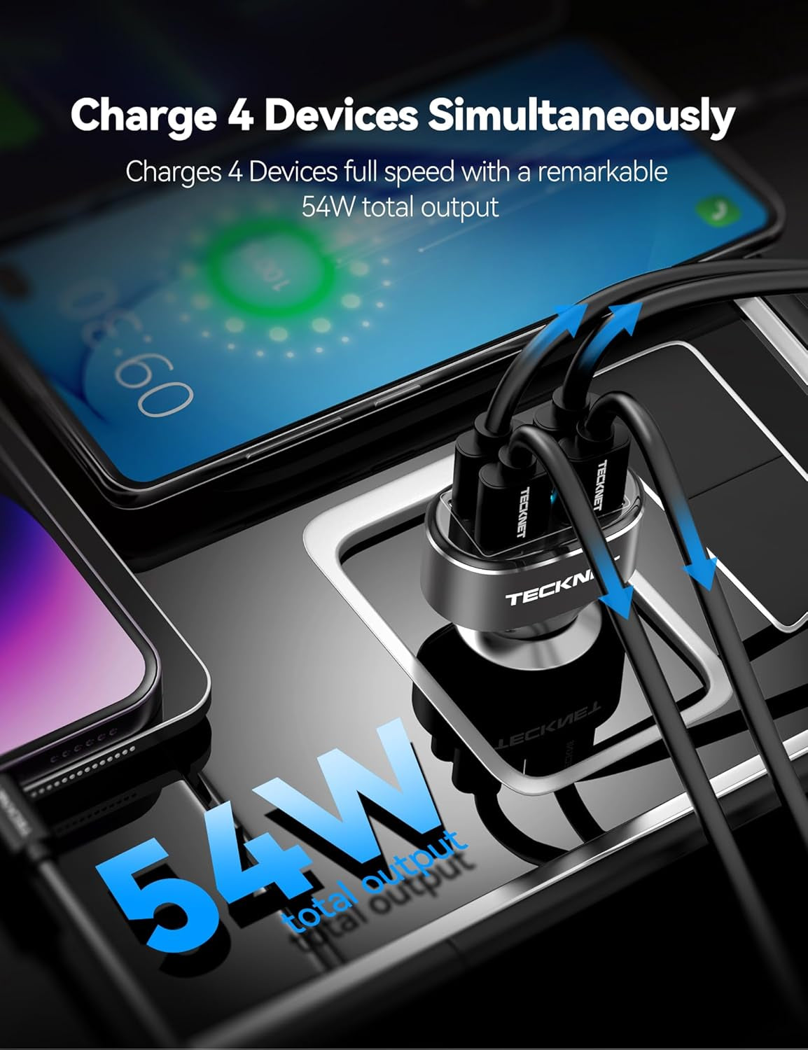 USB Car Charger, 54W 4-Port Car USB Charger Multi Port Adapter, QC 3.0 Port Cigarette Lighter Charger, Fast Charging Adapter, Compatible with Iphone 15 Pro Max/15 Plus/15/14/13（Dark Black）