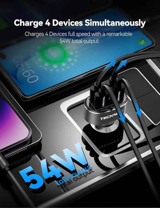 USB Car Charger, 54W 4-Port Car USB Charger Multi Port Adapter, QC 3.0 Port Cigarette Lighter Charger, Fast Charging Adapter, Compatible with Iphone 15 Pro Max/15 Plus/15/14/13（Dark Black）